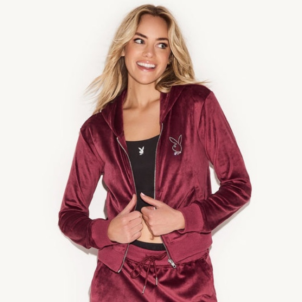 NWT Playboy The Icon Velour Logo Hoodie Burgundy Size XS